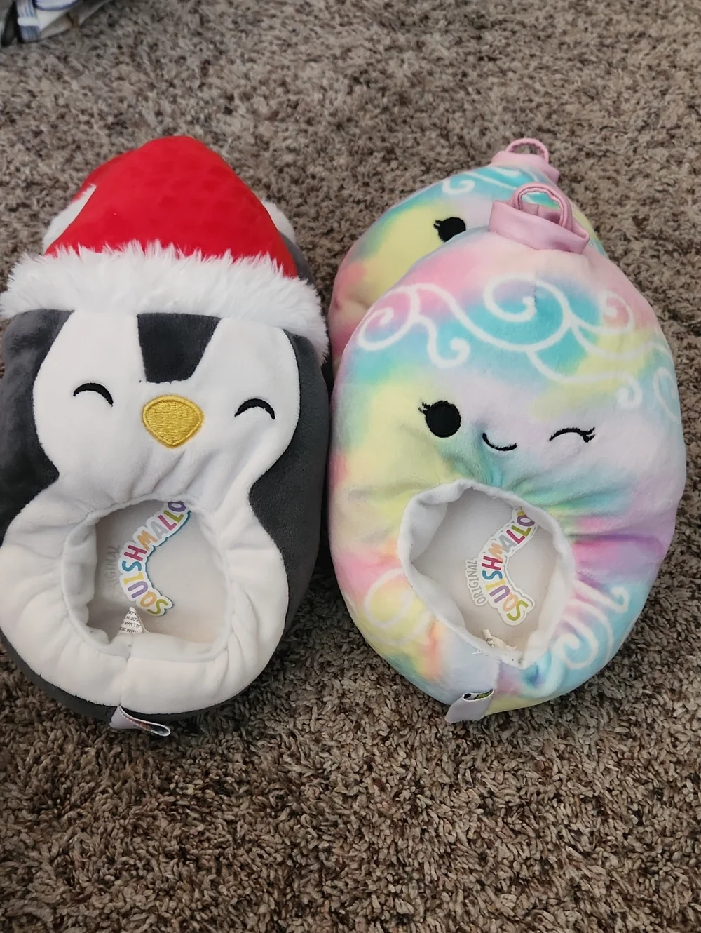 Squishmallow Plush Slippers - Santa Penguin & Pastel Swirl Ornament SZ 13-1